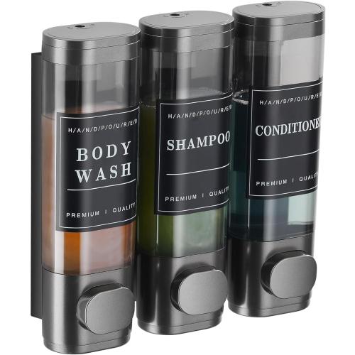 Shower Soap Dispenser Wall Mounted No Drill Shampoo Dispenser for Shower Wall Shampoo and Conditioner Dispenser Bathroom Hotel 3 * 300ml Gungray with Labels