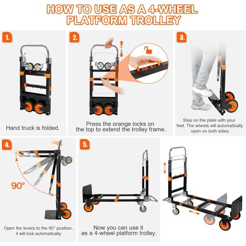 3 in 1 Folding Hand Truck Dolly, 660lb Capacity Convertible Hand Truck Dolly Cart Heavy Duty Foldable Trolley with Rubber Wheels & Retractable Handle, Collapsible Platform Truck for Moving Heavy Items