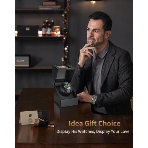 Watch Winder for Automatic Watches: Automatic Single Watch Winder Box with Japanese Quiet Motor, Rotating Watch Case in Black Carbon Fiber Leather, Gifts for Men Collectors