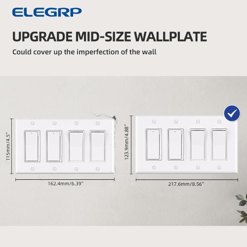 ELEGRP 4-Gang Decorative Wall Plates, Mid-Size 4.88 H x 8.57 L Unbreakable Thermoplastic Faceplate Cover for Decorator Receptacle Outlet Switch, UL Listed (1 Pack, Glossy White)