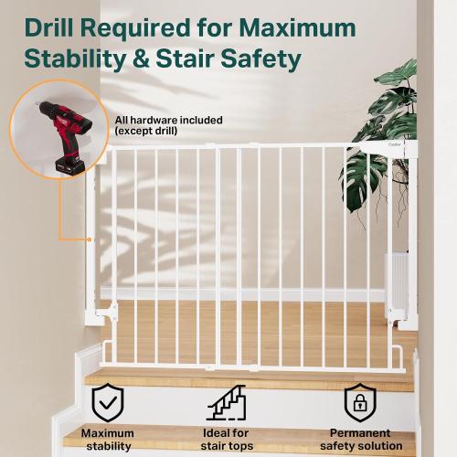 White Cumbor 29.2–43 Baby Gate for Stairs, Wall-Mounted (Drill Required), Expandable No Bottom Bar Dog Gate, Auto Close Extra Wide Walk Thru, Pet & Toddler Proof Gate, Top & Bottom of Stairways (White)