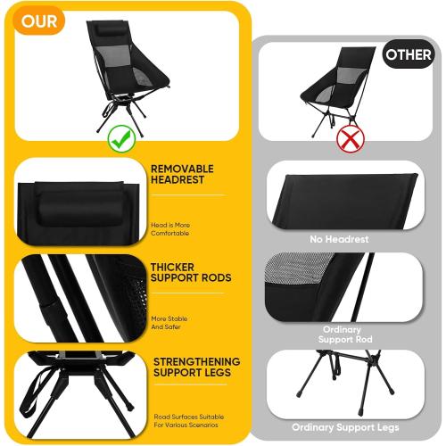 Swivel Portable Camping Chair, High Back Folding Chair with Detachable Pillow, Compact Lightweight Backpacking Chair for Outdoor, Travel, Beach, Hiking, Support 330 LBS, 1 Pack Black