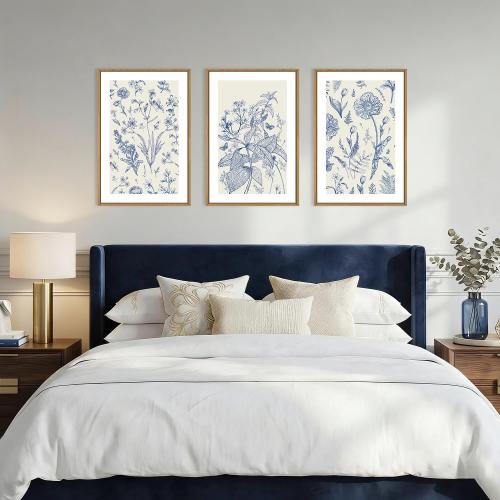 KAIRNE Navy Blue and White Floral Framed Canvas Wall Art Set,Chinoiserie Flower Wall Decor,Watercolor Botanical Art Prints,Modern Wildflower Artwork for Living Room,Bedroom,Farmhouse,Office-16 x24 x3