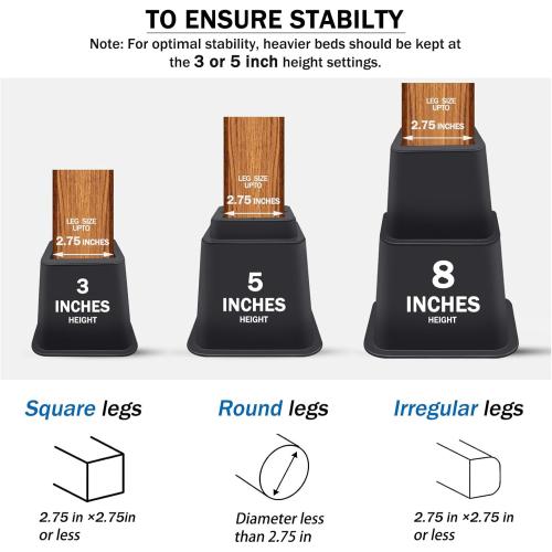 Bed Risers 8 inch Heavy Duty,Elevation in Heights 3, 5, 8 Inch，Adjustable Furniture Risers for Chair Table and Desk Legs Lifting (9 Pack,Black)