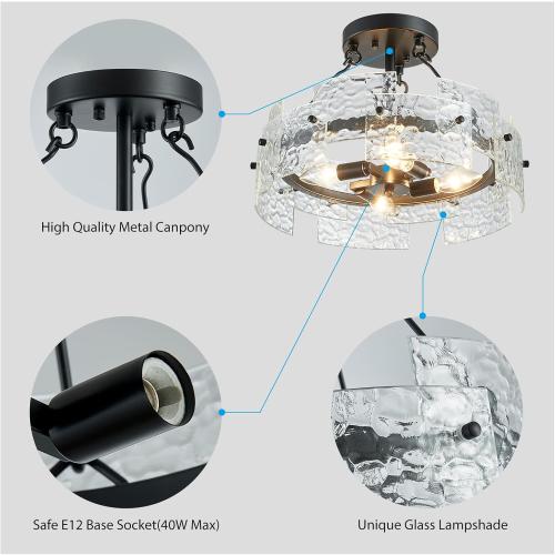 XINGQI Black Ceiling 4-Light Modern Farmhouse Water Ripple Glass Ceiling Lighting Fixture 15.7 Drum Ceiling Lights for Bedroom Dining Room Living Room Hallway Entryway