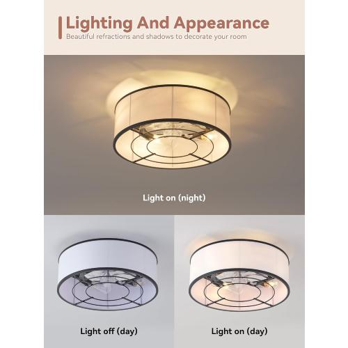 Low Profile Ceiling Fans with Lights, 20 Black Boho Ceiling Fan with Light Flush Mount and Remote Control, Drum Caged with 6 Speeds for Bedroom, Nursery, Living Room