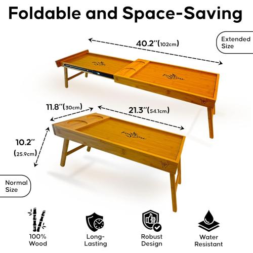 Breakfast Bed Table Tray for Two - One Piece, Dual Use Couple Bed Tray with Cup recesses - Food Trays for Eating on Couch, Space Saving Breakfast Table - Gift Ready - Acacia Wood