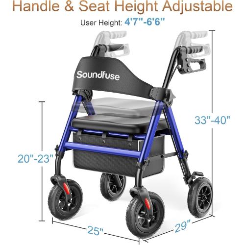 SOUNDFUSE Rollator Walkers for Seniors with Seat, Foldable Lightweight Rolling Walker with 8 Big PU Wheels, Ergonomic Seat, Dual Height Adjustment
