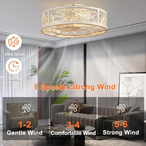 SHLUCE 18 Caged Ceiling Fan with Light, Small Flush Mount Fandelier Ceiling Fans with Lights and Remote, Rustic Low Profile Bladeless Ceiling Fan with Light for Bedroom, Kitchen, White Gold - ETL
