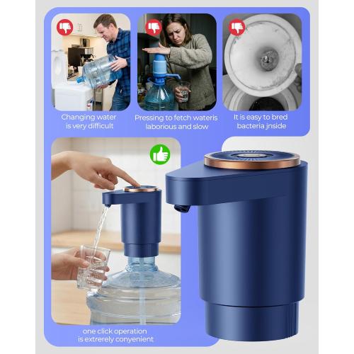 Water Jug Pump for 5 Gallon Bottle – Portable Electric USB-C Charging Dispenser, Dual Powerful Motors, Fast Flow, Fits 2-5 Gallon Jugs – Ideal for Home, Office, Camping, RV, Blue