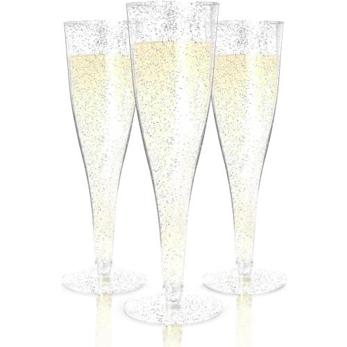 Prestee 24 Champagne Flutes Plastic - Disposable Flute - Silver Glitter Plastic Glasses for Parties - Mimosa Bar, Wedding, Shower Party, New Years Eve Party Supplies 2025 (Silver)