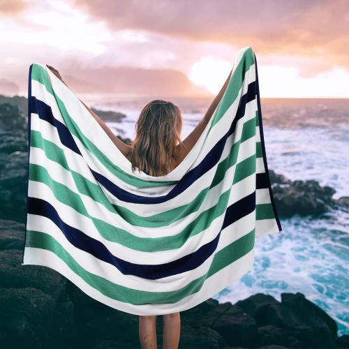 2 Bornbay Cotton Oversized Beach Towel - Extra Large 40X70 Plush Thick Pool Towel, XL Fluffy Stripe Beach Towels Teal Swimming Towel for Adults Mens Women (White Teal Blue)
