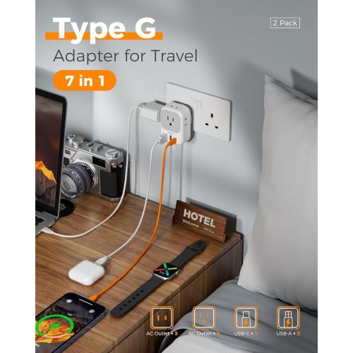 UK Adapters for Travel 2 Pack, TESSAN Type G US to UK Plug Adapter with 4 Outlets 3 USB Charger(1 USB C Port), Power Adaptor for USA to Ireland Scotland Dubai Hong Kong England British Kenya London