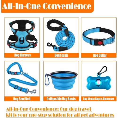 No Pull Dog Harness, Collar & Leash Set | Includes Dog Seat Belt, Collapsible Bowls & Poop Bag Dispenser. Ideal for Training, Walking, Hiking. Fits Small to Large Dogs(Blue-XL)