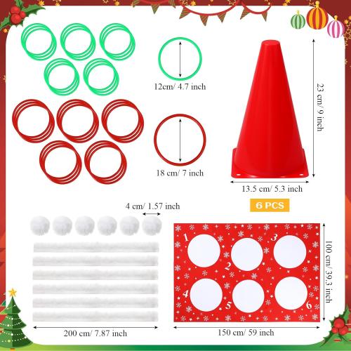 Leitee 46 Pcs Christmas Ring Toss Game Santa Hat Ring Toss Carnival Games for Adults 6 Plastic Cones 30 Rings 1 Cloth Mat 6 Plush Balls 2 Plush Strips and Glue for Christmas Party