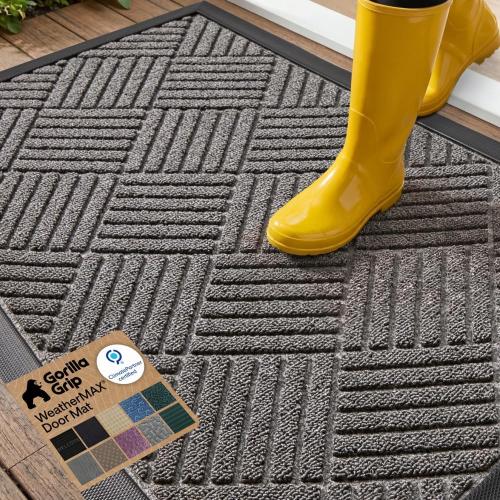 GORILLA GRIP 100% Waterproof All-Season WeatherMAX Doormat US Designed Natural Rubber, Stain Fade Resistant, Low Profile Indoor Outdoor Door Mats, Easy Clean, 29x17 Gray Diamond