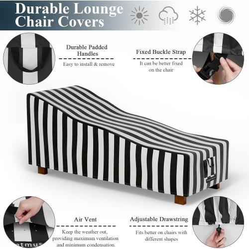 2-Piece Outdoor Chaise Lounge Covers - Waterproof Heavy Duty for Patio Furniture, 86L x 36W x 32H/Black & White Stripe