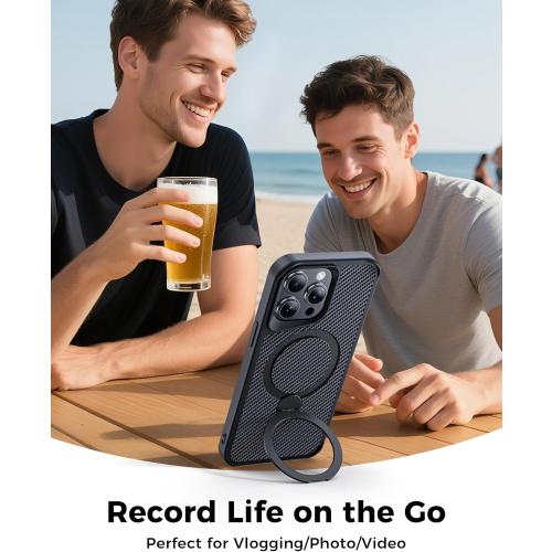 FlyReal Designed for iPhone 15 Pro Max Case with 360° Magnetic Stand, Carbon Fiber Phone Case [Compatible with Magsafe] [16FT Military Protection] with Stand Ring 6.7'', Black