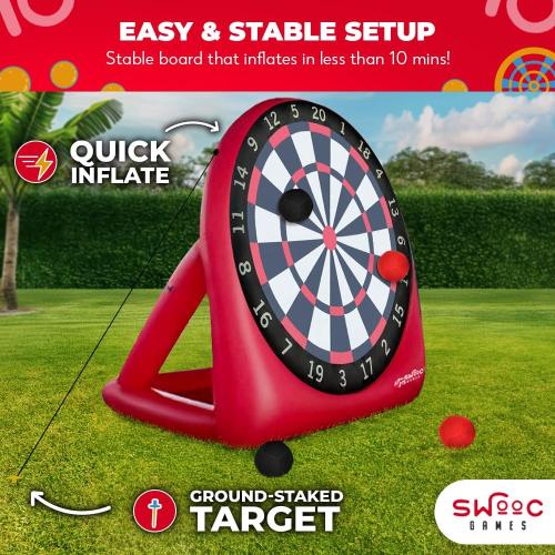 Swooc Games - Premium Inflatable Giant Kick Darts (15  Ways to Play) - Jumbo Soccer Dartboard with Air Pump - Big Carnival Games - Giant Outdoor Games - Oversized Dart Board Yard & Lawn Game