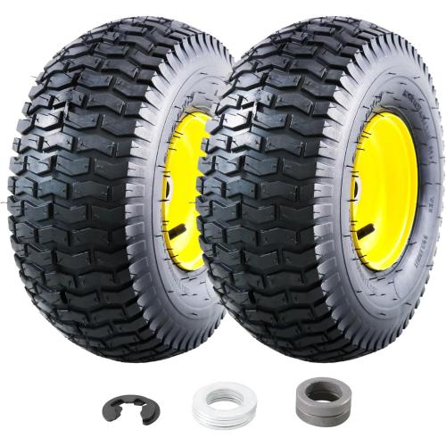 MZREXN 15x6.00-6 Lawn Mower Tires and Wheel Assembly, Front Tires Replacement, Compatible with John Deere & More Riding Mowers, 4 Ply Pneumatic, 3 Offset Hub, 3/4 Bearings, Tubeless, 2PCS
