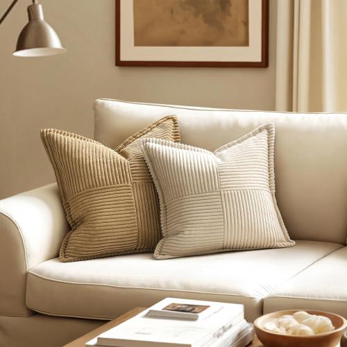 MIULEE Decorative Throw Pillow Covers for Couch Bed Livingroom 18x18 Inch Set of 2 Beige Boho Accent Throw Pllows Broadside Striped Patchwork Soft Corduroy Pillowcases