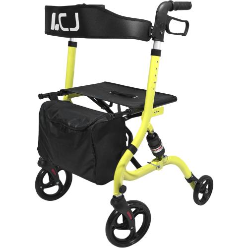 Walker for Seniors,Foldable Walker with Seat,8-inch Front Wheel,6-inch Rear Wheel,Height-Adjustable Seat,Equipped with Shopping Bag,for Elderly,Supports up to 300 lbs(Yellow-Shock-Absorbing Design)