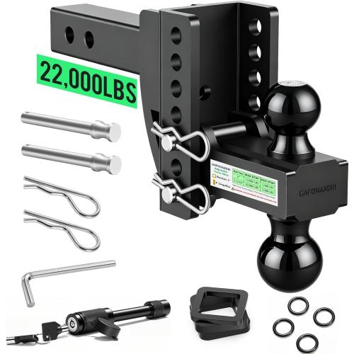 Adjustable Trailer Hitch for 2 Inch Hitches Receiver, Extra Heavy Duty 22,000 LBS Towing Weight, 2'' & 2-5/16'' Tow Dual Ball, 4'' Drop/Rise, Bulletproof Pin Lock, Anti Rust, Anti Rattle, Black