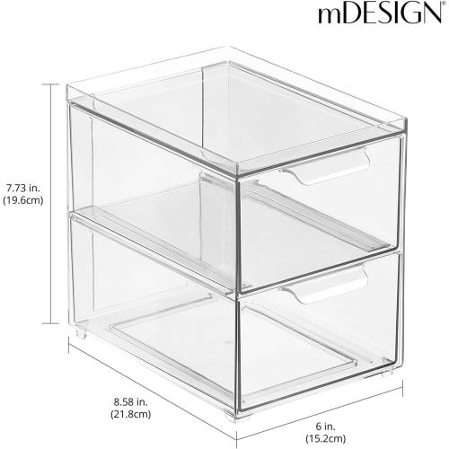 mDesign Stackable Storage Containers Box with 2 Pull-Out Drawers - Stacking Plastic Drawer Bins for Master or Guest Bathroom, Linen Closet, Vanity, Makeup Table Lumiere Collection 4 Pack, Clear