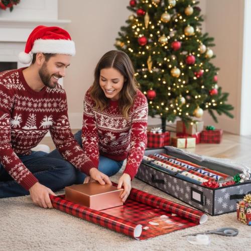 HOLDN’ STORAGE Premium Wrapping Paper Storage Container - Durable 600D Tear-Proof, Fits 27 Rolls Gift Wrap, Extra Pockets for Ribbons & Bows, Underbed Storage - Ideal for Holiday Christmas, Grey/White Snowflakes