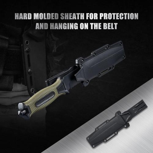 10 Fixed Blade Tactical Knives with Sheath and Clip, Stainless Steel Survival Hunting Bushcraft Full Tang Non-Slip Handle Knife for Camping, Hunting, Adventure, Outdoors, EDC，Military Green