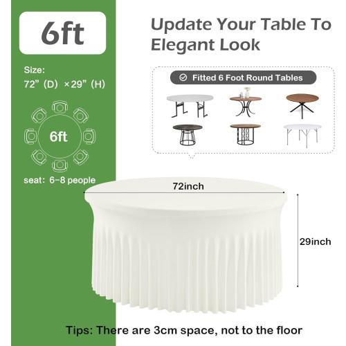 NSSONBEN 8 pk Ivory Round Spandex Tablecloth 72 in with Ruffled Skirt,Wrinkle Free High-Stretch 132 inch Fitted 6ft Cream Table Cloths Round Spandex Table Covers 6ft for Party Wedding Banquet Dinning