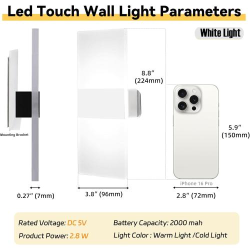 Battery Operated Wall Sconces,Rechargeable USB Wall Lamps Set of Two for Living Room Bedroom Hallway,Three Level Light Adjustment,Bedside Lights,Touch Control Switch White Light