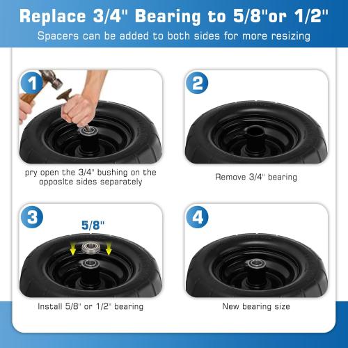 BLACK 11x6.00-5 Flat Free Tire,2 Pack 11x6.00-5 Tires for Zero Turn Mower With 3/4 & 5/8 or 1/2” Bearing,6-8 Centered Hub,11x6-5 Lawn Mower Tires Flat Free,Load 400lbs