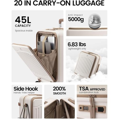 LOVEVOOK Carry on Luggage, PC Hard Shell Suitcases with wheels, 20-Inch Carry On Luggage with USB Port, Lightweight 6.9lb, Fits 15.6, 45L Capacity for Travel & Business（1PC）