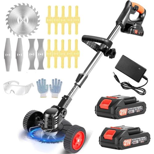 Stringless Weed Wacker Electric Weed Wacker Cordless with Wheels, 2pcs Batteries&4 Types Blades,Lightweight, 21V Weed Trimmer 3-in-1 Grass Trimmer/Brush Cutter/Edger, for Thick Weeds&Yard Garden