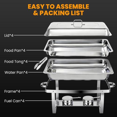 4 Pack Chafing Dishes for Buffet 9QT, Chafing Dish Buffet Set Rectangular with 4 Serving Tongs, Full Size Chafing Pan, Buffet Server Warmer Parties New Year, Chafers and Buffets Warmers Sets
