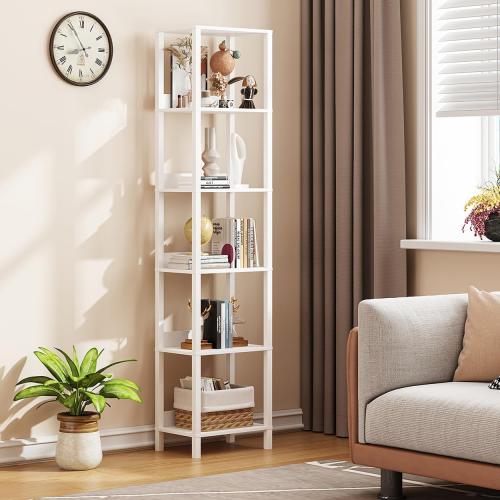 VIMBER 6 Tier Bookshelf with Anti-Fall Baffle, Tall 64.79 Bookcase with DIY Shelves, Industrial Book Shelf Storage Organizer, Display Free Standing Shelf Unit for Bedroom, Living Room, Office, White
