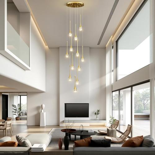 Raindrop Crystal Chandelier High Ceiling: 12 Lights Remote Dimmable LED - Large Long Modern Bubble Hanging Pendant Light Fixture Teardrop Spiral Chandeliers for Living Room Staircase Entryway Foyer
