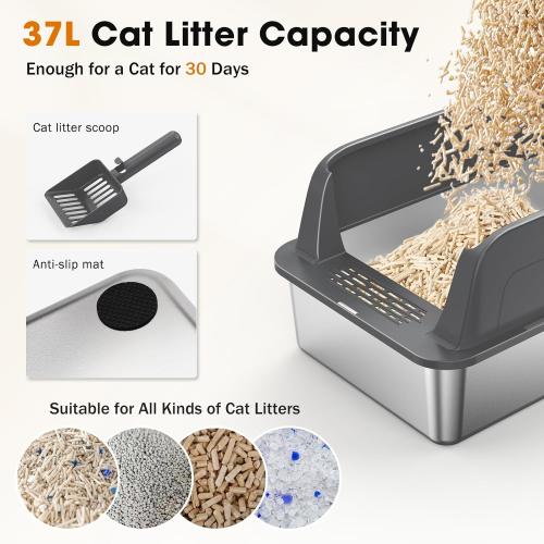 Size XL 2PACK Stainless Steel Litter Box, Extra Large Litter Boxes for Big Cats, XL Metal Cat Litter Box with Lid High Sides, Anti-Urine Leakage, Non-Sticky, Scoop Included