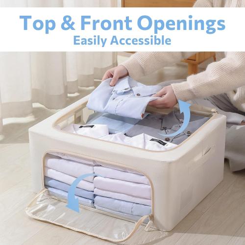 CYhom 3Pack Frame Storage Box - Clothes Storage Bin Bags Oxford Fabric Foldable Stackable Container Organizer Set with Clear Window & Carry Handles (Beige, Medium-44L)