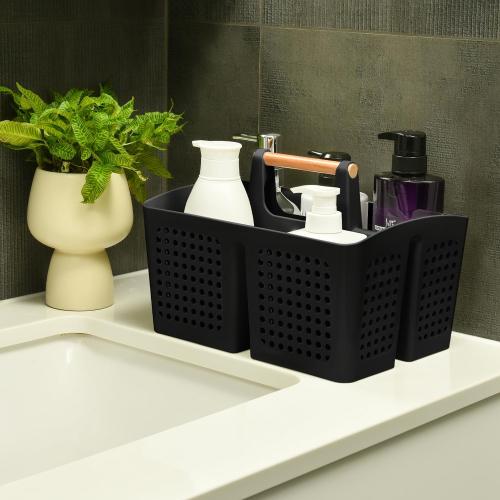 BLACK Portable Shower Caddy Basket with Compartments, Plastic Divided Cleaning Caddy Organizer Storage Tote with Handle for Bathroom, College, Dorm Room Essentials, Black