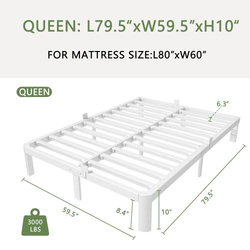 KZZLOL White Bed Frame Queen Size 10 Inch, Low Queen Bed Frame No Box Spring Needed with Mattress Stoppers, DIY Headboard, Heavy Duty Steel Support 3000 LBS, Rounded Legs, Easy Assembly, Noiseless
