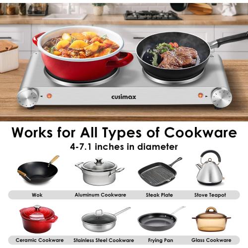 CUSIMAX Hot Plate, Electric Double Burner, 1800W Cast Iron Countertop Cooktop, Portable for Cooking, Compatible for All Cookwares, Easy Clean, Upgraded Version