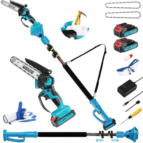2-in-1 6 In Mini Chainsaw & Electric Pole Saw, Electric Pole Saws for Tree Trimming, 21V Cordless Battery Chainsaw Powered with 2 Batteries, Lightweight Tree Trimming Tool for Small Branches