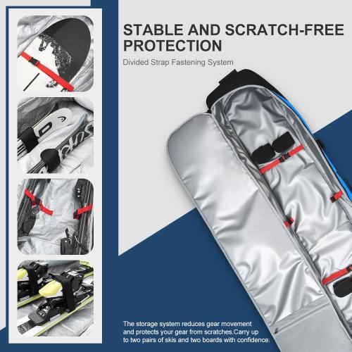 Odoland Rolling Ski Bag, Padded Snowboard Bags with Wheels for Air Travel, 900D Water Resistant Oxford Fabric and Extra 2 Dry Bag, Fits Skis Up to 170/190cm