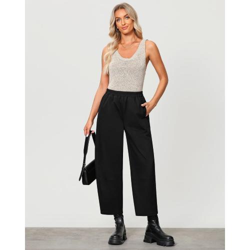 SIZE 3XL-GRAPENT Wide Leg Pants Woman High Waisted Trendy Cropped Barrel Pull On Baggy Elastic Waist Loose Fit Pants with Pockets