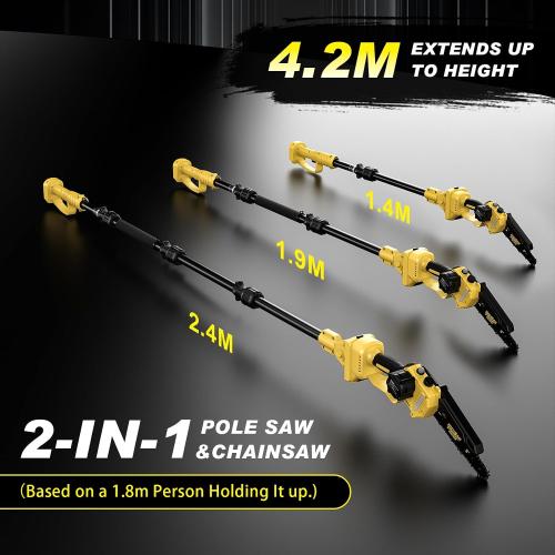 2 in 1 Electric Pole Saws for Tree Trimming,8 Mini Chainsaw Cordless with Extension Pole, Brushless Motor, Auto Oiling,13.8 FT Max Reach Extension Pole for Outdoors Pruning with 2×4.0Ah Batteries