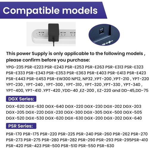 12V 1.5A Power Supply Charger Adapter for Yamaha PA130 PA150, Power Cord for Yamaha PSR, YPG, YPT, DGX, DD Series Keyboard - Only Compatible for Listed Models (9.8Ft Long Cord)