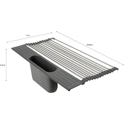 Kitchen Details Over The Sink Drying Rack with Utensil Holder | Roll Up for Storage | Stainless Steel | Drain Tray | BPA Free | Food Safe | Space Saving | Grey