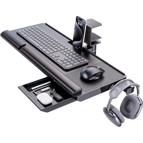 BLACK Klearlook Keyboard Tray Under Desk with 360° Rotation, Ergonomic Computer Keyboard & Mouse Tray 25W×11.02D Sit Stand Desk Keyboard Holder w/Wrist Rest & Storage Drawer (Height is not Adjustable)